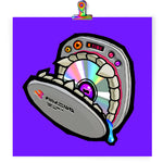 Load image into Gallery viewer, Art print featuring stylized drawing of an open Y2K-era CD player with huge teeth. there's an eyeball in the center of a rainbow-reflective CD in its maw. there's a little bit of drool dripping out of the corner its mouth.