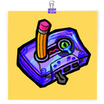 Load image into Gallery viewer, Art print featuring a stylized drawing of a casette tape with a face. one hole has a crying eyeball in it, and the other is being stabbed by a pencil so it can rewind the tape. the bit of tape that runs between the eyes looks like a frowny mouth.