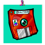 Load image into Gallery viewer, Art print featuring stylized drawing of a bright red transparent floppy disk. the round bit in the center is a big eyeball, and the rectangular slidey-bit at the bottom looks like a toothy mouth.