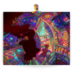 Load image into Gallery viewer, Art print featuring a psychedelic house interior in a fisheye perspective. it has a vibrant but somehow musty color scheme. rooms intersect at impossible angles and some walls are missing, opening up to a huge black void. endless rooms and hallways fade into the distance.