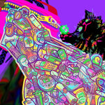 Load image into Gallery viewer, Closeup showing the waterfall of items: ketchup packets, makeup, cash, video game paraphernalia, fantasy weapons, tons of random stuff. a rascally black kitten with rainbow stripes is hanging from the keychain on the purse's zipper.