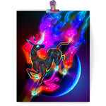 Load image into Gallery viewer, Art print featuring a vibrant space unicorn. she's bounding through the sky, her trailing mane glowing like the milky way with stars and fun swirly shapes. the outlines are rainbow colored and contrast against her dark body.
