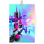 Load image into Gallery viewer, Art print featuring a surreal fragmented castle floating in the sky. think roger dean, but geometric and a video game.