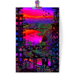 Load image into Gallery viewer, Art print featuring a neon lake at sunset, framed by tall buildings and intersected by busy roads. it's stylized in a strange flattened perspective.