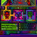Load image into Gallery viewer, closeup of the party members: a red demon lady, a purple cat, and a green lizard lady. there's a message window and a keyboard, but the text is all jibberish.