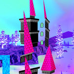 Load image into Gallery viewer, Closeup of chunks of floating black towers with magenta roofs. none of them have all their walls.