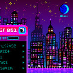 Load image into Gallery viewer, Closeup featuring details of the city skyscrapers and their colorful glowing windows. The corner of the "start" menu shows the user's space helmet avatar.