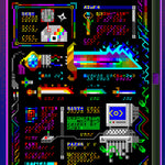 Load image into Gallery viewer, detailed view of the middle of the walkthrough. there's a shiny CD shuriken, a big glowing rainbow sword with interchangeable hilts, and an old computer sitting on a pedestal with an eye ball on the monitor. paragraphs of tiny pixel text are scattered throughout.
