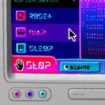 Load image into Gallery viewer, Closeup of the edge of the monitor, showing the "stop" menu button and some RCA ports in pink, purple, and cyan.