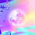 Load image into Gallery viewer, a large pixel moon with black stars over a cotton candy sky.