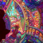 Load image into Gallery viewer, Closeup view, a child climbs some stairs towards a bright sunroom with an old couch and TV. next to it is a dated kitchen and more stairs leading up to a half-open door on the second story.