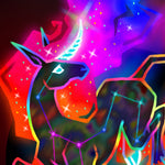 Load image into Gallery viewer, closeup of the unicorn, her coat is a dark rainbow tortoise shell pattern and overlaid with a constellation of stars. her eyes and horn are glowing.
