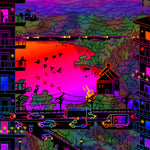 Load image into Gallery viewer, close up showing the sunset reflecting in the lake. the scene is filled with people, cars, and birds. a telephone pole is on fire.