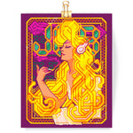 Load image into Gallery viewer, Art print featuring a redraw of alphonse mucha's job cigarettes poster design. a woman with bright gold circuit patterned hair daintily holds a cigarette, its smoke rising in geometric patterns behind the letters "J O B" in a digital clock font.
