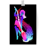 Load image into Gallery viewer, Art print featuring a vibrant witch with a giant paintbrush for a broom. she almost glows against the black background with her bright purple skin and pink hair. she's making a big dramatic swoosh of her paintbrush broom, and the ink mark swirls with the pattern of writhing snakes.