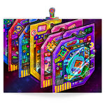 Load image into Gallery viewer, Art print featuring a very busy digital drawing of a row of tamagotchi-style toys in colorful packaging. they each feature a different creature as well as an inventory of themed items.