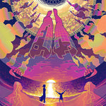 Load image into Gallery viewer, closeup showing two figures standing on a beach at sunset. overlaid is a first person view of someone looking down at their body, giant arms resting in the sand and reaching out into the water. their disembodied legs stretch out into the sky and into receding concentric circles.