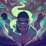 Load image into Gallery viewer, closeup showing the main character's forehead hinging open to a giant mouth with a small octagonal pill on its tongue. women stand on either side of him.