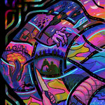 Load image into Gallery viewer, Closeup view showing scenes of characters dueling, sandworms rearing, and spaceships spaceshipping. there's a hand with a needle and a hand with a knife.