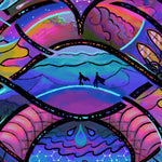 Load image into Gallery viewer, Closeup view of two figures walking over a large dune. blue hills fade into the distance. they're framed in an eye shape, and the hill they're walking on turns into a sandworm.