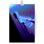 Load image into Gallery viewer, Art print featuring a figure swimming in the ocean, tilted at an uncomfortable angle. the water suddenly ends at an invisible wall, as if we're looking at a cross section of open ocean. she's peeking through and down into a sprawling dark void.