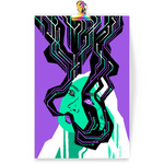 Load image into Gallery viewer, Art print featuring a stylized drawing of a green lady with white hair exhaling black geometric smoke with circuit patterns.