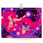 Load image into Gallery viewer, Art print featuring a vibrant floating fairy. she has three long hot pink ponytal and she's reaching towards a tiny sprite fairy.