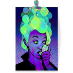 Load image into Gallery viewer, Psychedelic art print featuring a girl taking a puff from a glowing inhaler. her bright green eyes and lava lamp hair contrast against a dark purple background.