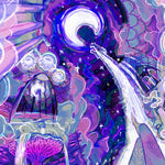 Load image into Gallery viewer, closeup showing a large crescent moon in the sky above. a waterfall coming from a dragon's mouth flows down over the woman's legs and into the bath. there's a steamy mirror reflecting the moon and an overflowing mushroom sink.