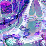 Load image into Gallery viewer, closeup of the woman's body in the glowing bath, tastefully covered by water lillies. a tiny fairy sits at the edge of the tub with a fishing rod.