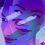 Load image into Gallery viewer, closeup of her face. her glowing eyes leave streaks across the canvas.