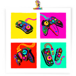 Load image into Gallery viewer, Art print featuring digital drawings of 4 video game controller monsters in a neon pop-art style. They all have eyeballs in place of some of their buttons.