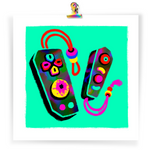 Load image into Gallery viewer, Art print featuring dual game controllers monsters with beaded wrist-straps. they each have eyeballs in place of one of their buttons.