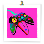 Load image into Gallery viewer, Art print featuring an N64 controller monster on a hot pink background. it has a big yellow eyeball and the long middle handle is a big tongue. there's a button on the tongue that looks like a piercing.