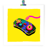 Load image into Gallery viewer, Art print featuring a simple controller monster on a bright yellow background. it has a large eyeball in place of one of its buttons.