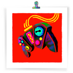 Load image into Gallery viewer, Art print featuring a game controller monster on a bright red background. it has two different sized eyeballs in place of some buttons. there's a vertical mouth in the center with sharp teeth.