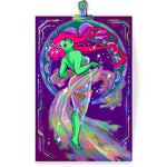 Load image into Gallery viewer, Art print featuring a colorful digital redraw of alphonse mucha's "dance." a green alien lady wearing a dress made of nebulae twirls in front of a crescent moon motif.
