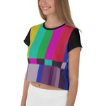 Load image into Gallery viewer, Crop top shirt featuring the rainbow stripes of an analog TV with no signal.

