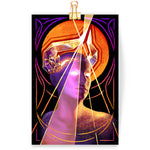 Load image into Gallery viewer, Art print featuring a purple lady with glowing eyes and horns made of crystal. two large geometric horns point upwards and refract light from an orange moon in the background.