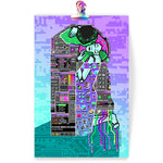Load image into Gallery viewer, Art print featuring a digital redraw of gustav klimt's "the kiss". a green wireframe man embraces a demure android woman, kissing her cheek.