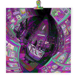 Load image into Gallery viewer, Art print featuring a cluttered and dimly lit store in a fisheye perspective. a sickly green artificial light contrasts against dingy purple shadows. seemingly endless shelves are stacked high towards a ceiling that disappears into darkness. every surface is covered in disorganized products.