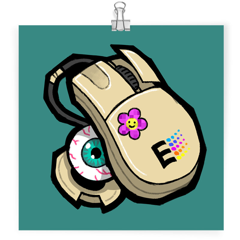 Art print featuring stylized drawing of a 90's era computer mouse, in that classic off-white color. the rubber ball is falling out the bottom, but its a big bloodshot eyeball! the background is the same shade of teal used as windows 95 default background color.