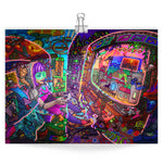 Load image into Gallery viewer, art print featuring: colorful digital drawing of a girl playing a video game with lotsa video game themed shit all over the place. beams radiate from the TV and split the scene into different themed video game levels.
