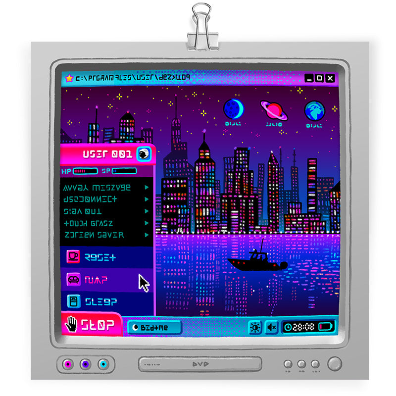 Art print featuring digital art of an old CRT monitor with an imaginary windows XP screen in pinks and purples. an open start menu that's labelled "stop" include menu items like "reset, nap, sleep" in a barely-legible alien text. the desktop wallpaper is a city skyline reflected in water at night and the program icons are moons and planets.