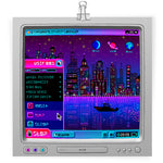 Load image into Gallery viewer, Art print featuring digital art of an old CRT monitor with an imaginary windows XP screen in pinks and purples. an open start menu that&#39;s labelled &quot;stop&quot; include menu items like &quot;reset, nap, sleep&quot; in a barely-legible alien text. the desktop wallpaper is a city skyline reflected in water at night and the program icons are moons and planets.
