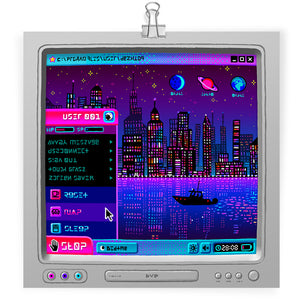 Art print featuring digital art of an old CRT monitor with an imaginary windows XP screen in pinks and purples. an open start menu that's labelled "stop" include menu items like "reset, nap, sleep" in a barely-legible alien text. the desktop wallpaper is a city skyline reflected in water at night and the program icons are moons and planets.