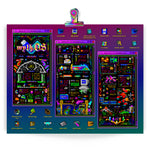 Load image into Gallery viewer, art print featuring a triptych of PETSCII art that resembles an illuminated manuscript. they show the beginning, middle, and end of a video game walkthrough packed with fantasy and sci fi ornaments. they're framed in windows XP style UI windows and surrounded by desktop icons. 
