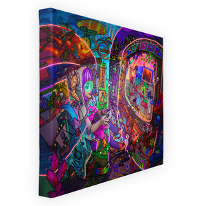 angled view of a canvas print featuring: colorful digital drawing of a girl playing a video game with lotsa video game themed shit all over the place. beams radiate from the TV and split the scene into different themed video game levels.