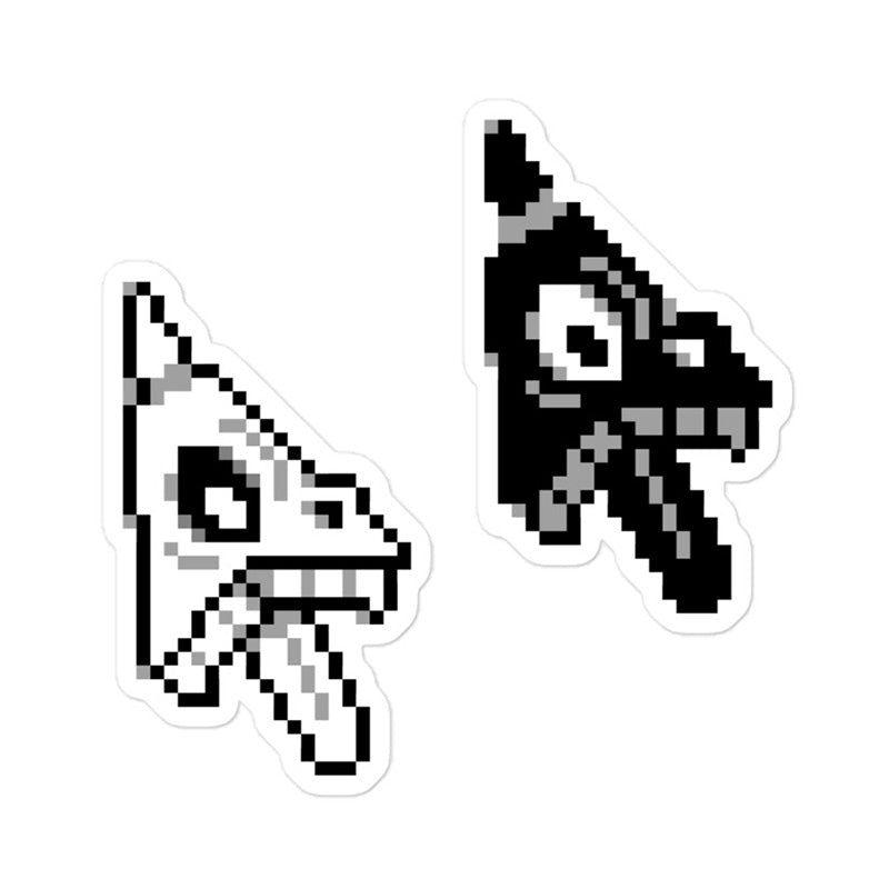 Two stickers featuring pixellated computer cursor monsters, one in black and one in white. They each have a big eyeball and a toothy open mouth with tongues sticking out.
