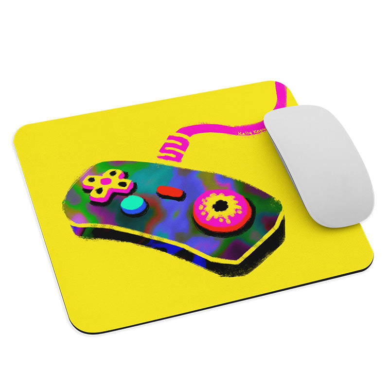 Mouse pad featuring a simple controller monster on a bright yellow background. it has a large eyeball in place of one of its buttons. 